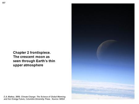 Chapter 2 frontispiece. The crescent moon as seen through Earth’s thin upper atmosphere E.A. Mathez, 2009, Climate Change: The Science of Global Warming.