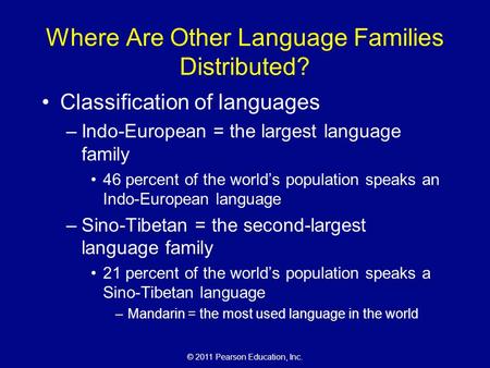 © 2011 Pearson Education, Inc. Where Are Other Language Families Distributed? Classification of languages –Indo-European = the largest language family.