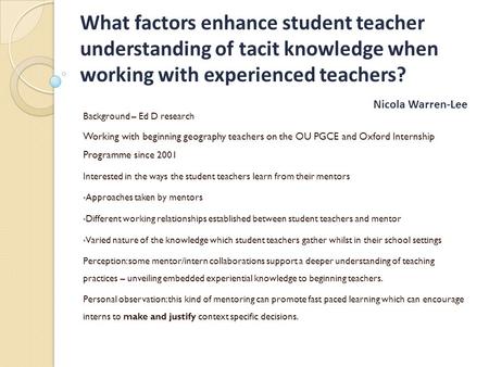 What factors enhance student teacher understanding of tacit knowledge when working with experienced teachers? Nicola Warren-Lee Background – Ed D research.