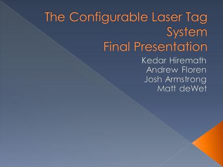  Introduce the Configurable Laser Tag System  Discuss overall design and implementation  Overview of problems  Briefly discuss cost and other considerations.