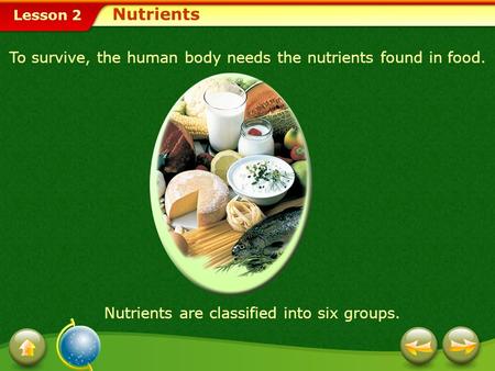 Nutrients To survive, the human body needs the nutrients found in food. Nutrients are classified into six groups.