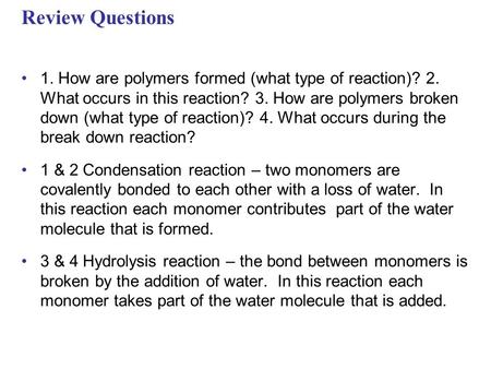 Review Questions 1. How are polymers formed (what type of reaction)? 2. What occurs in this reaction? 3. How are polymers broken down (what type of reaction)?