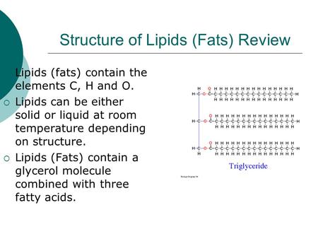 Structure of Lipids (Fats) Review  Lipids (fats) contain the elements C, H and O.  Lipids can be either solid or liquid at room temperature depending.