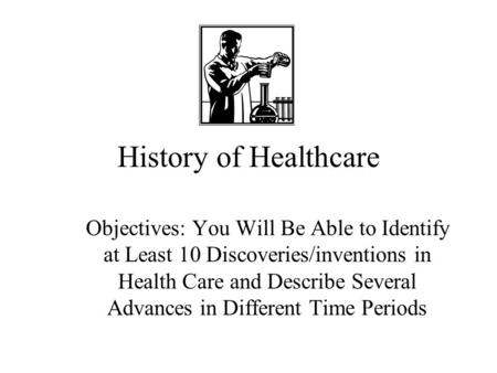 History of Healthcare Objectives: You Will Be Able to Identify at Least 10 Discoveries/inventions in Health Care and Describe Several Advances in Different.