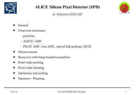 16/11/01GS/ALICE SPD/LHCC Referees1 ALICE Silicon Pixel Detector (SPD) G. Stefanini/CERN-EP General Front-end electronics – pixel bus – ALICE1 ASIC – PILOT.
