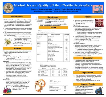 Alcohol Use and Quality of Life of Textile Handcrafters This study was part of a larger study which explored the roles of textiles and handcrafts in women’s.
