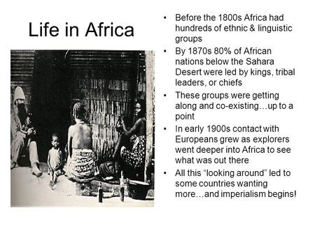 Life in Africa Before the 1800s Africa had hundreds of ethnic & linguistic groups By 1870s 80% of African nations below the Sahara Desert were led by kings,