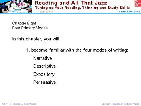 Part IV: Recognizing Modes of Writing Chapter 8: Four Primary Modes of Writing Chapter Eight Four Primary Modes In this chapter, you will: 1. become familiar.