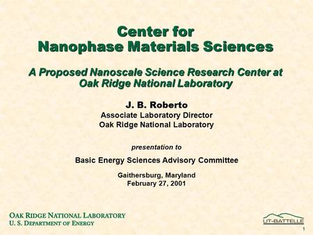 1 presentation to Basic Energy Sciences Advisory Committee Gaithersburg, Maryland February 27, 2001 Center for Nanophase Materials Sciences J. B. Roberto.