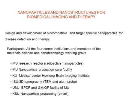 NANOPARTICLES AND NANOSTRUCTURES FOR BIOMEDICAL IMAGING AND THERAPY Design and development of biocompatible and target specific nanoparticles for disease.