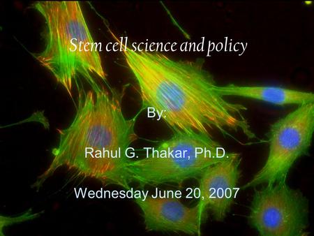 Stem cell science and policy By: Rahul G. Thakar, Ph.D. Wednesday June 20, 2007.