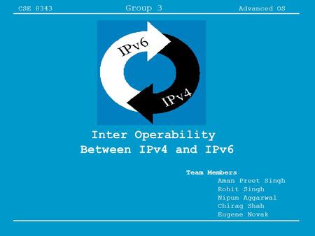 CSE 8343 Group 3 Advanced OS Inter Operability Between IPv4 and IPv6 Team Members Aman Preet Singh Rohit Singh Nipun Aggarwal Chirag Shah Eugene Novak.