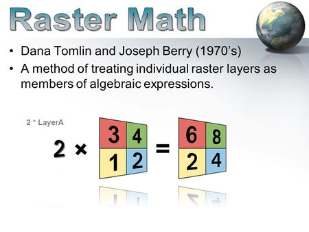 Dana Tomlin and Joseph Berry (1970’s) A method of treating individual raster layers as members of algebraic expressions. 2 * LayerA.