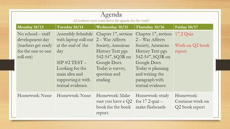 Agenda All students must write down the agenda for the week!! Monday 10/13Tuesday 10/14Wednesday 10/15Thursday 10/16Friday 10/17 No school – staff development.