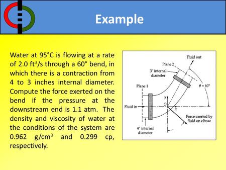 Example Water at 95°C is flowing at a rate of 2.0 ft3/s through a 60° bend, in which there is a contraction from 4 to 3 inches internal diameter. Compute.