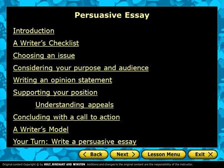Persuasive Essay Introduction A Writer’s Checklist Choosing an issue