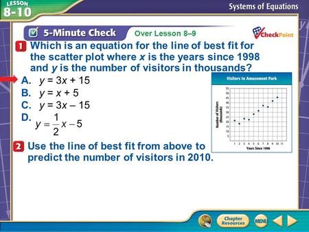 Over Lesson 8–9 A.A B.B C.C D.D 5-Minute Check 1 Which is an equation for the line of best fit for the scatter plot where x is the years since 1998 and.