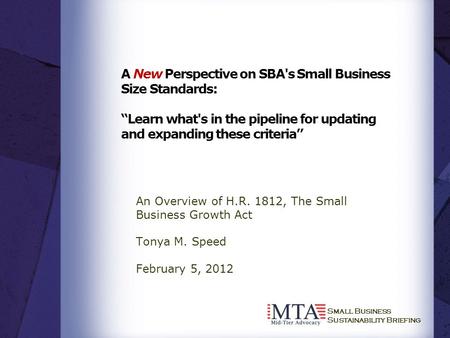 Small Business Sustainability Briefing A New Perspective on SBA's Small Business Size Standards: “Learn what's in the pipeline for updating and expanding.