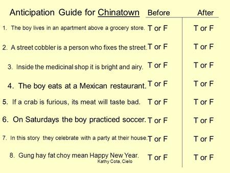 Kathy Cota, Cielo Anticipation Guide for Chinatown Before After T or FT or FT or FT or FT or FT or FT or FT or F 1.The boy lives in an apartment above.