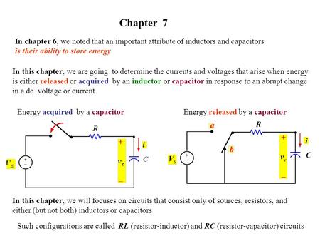 Chapter 7 In chapter 6, we noted that an important attribute of inductors and capacitors is their ability to store energy In this chapter, we are going.