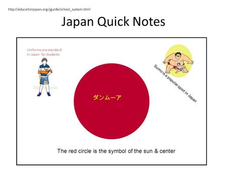 Japan Quick Notes The red circle is the symbol of the sun & center Uniforms are standard in Japan for Students