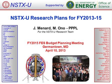 NSTX-U Research Plans for FY2013-15 J. Menard, M. Ono - PPPL For the NSTX-U Research Team FY2015 FES Budget Planning Meeting Germantown, MD April 10, 2013.
