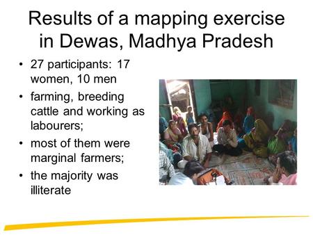 Results of a mapping exercise in Dewas, Madhya Pradesh 27 participants: 17 women, 10 men farming, breeding cattle and working as labourers; most of them.