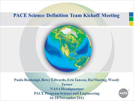 PACE Science Definition Team Kickoff Meeting Paula Bontempi, Betsy Edwards, Eric Ianson, Hal Maring, Woody Turner NASA Headquarters PACE Program Science.