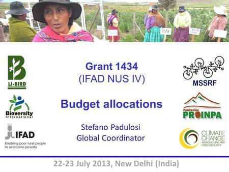 Grant 1434 (IFAD NUS IV) Budget allocations Stefano Padulosi Global Coordinator 22-23 July 2013, New Delhi (India)