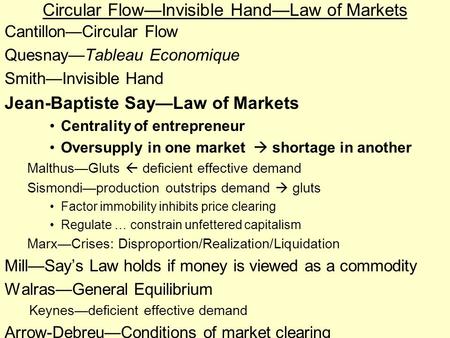 Circular Flow—Invisible Hand—Law of Markets Cantillon—Circular Flow Quesnay—Tableau Economique Smith—Invisible Hand Jean-Baptiste Say—Law of Markets Centrality.