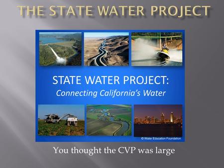 You thought the CVP was large. No Bureau requirements Half a million newcomers per year West side of San Joaquin Valley needs water Some Farms 224,000.