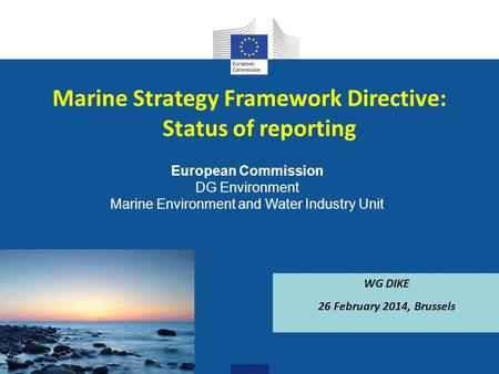 European Commission DG Environment Marine Environment and Water Industry Unit Marine Strategy Framework Directive: Status of reporting WG DIKE 26 February.