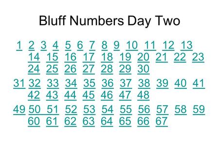 Bluff Numbers Day Two 1 2 3 4 5 6 7 8 9 10 11 12 13 14 15 16 17 18 19 20 21 22 23 24 25 26 27 28 29 3012345678910111213 14151617181920212223 24252627282930.