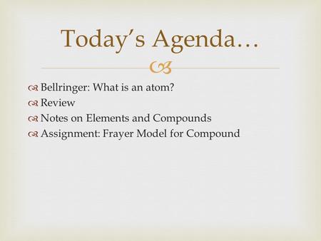 Today’s Agenda… Bellringer: What is an atom? Review