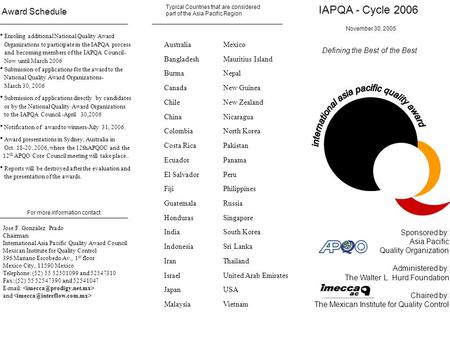 IAPQA - Cycle 2006 Defining the Best of the Best Sponsored by: Asia Pacific Quality Organization Administered by: The Walter L. Hurd Foundation Chaired.