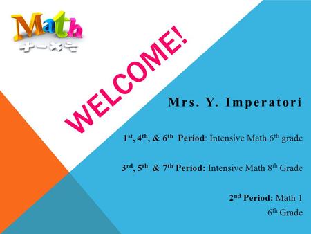 WELCOME! Mrs. Y. Imperatori 1 st, 4 th, & 6 th Period: Intensive Math 6 th grade 3 rd, 5 th & 7 th Period: Intensive Math 8 th Grade 2 nd Period: Math.