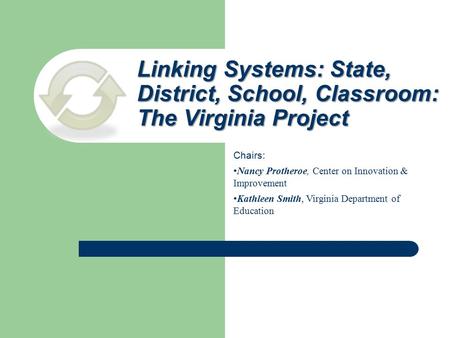 Linking Systems: State, District, School, Classroom: The Virginia Project Chairs: Nancy Protheroe, Center on Innovation & Improvement Kathleen Smith, Virginia.