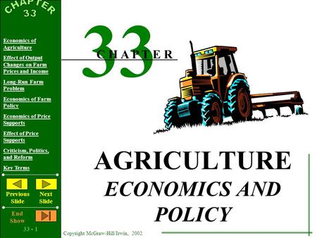 33 - 1 Copyright McGraw-Hill/Irwin, 2002 Economics of Agriculture Effect of Output Changes on Farm Prices and Income Long-Run Farm Problem Economics of.