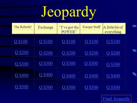 Jeopardy Exchange“I’ve got the POWER” Europe Stuff A little bit of everything Q $100 Q $200 Q $300 Q $400 Q $500 Q $100 Q $200 Q $300 Q $400 Q $500 Final.