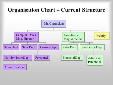 Organisation Chart – Current Structure Admin. & Personnel Camp ‘n’ Dales Mng. director Cruises Dept Webfly Asia-Tours Mng. directors Mr. Cormickan Sites.