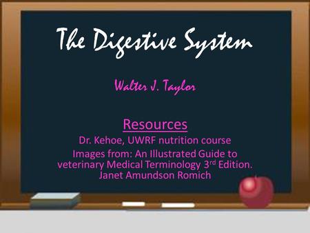 The Digestive System Walter J. Taylor Resources Dr. Kehoe, UWRF nutrition course Images from: An Illustrated Guide to veterinary Medical Terminology 3.