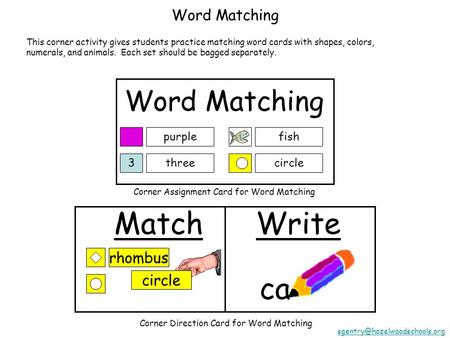 Word Matching purple 3three fish circle Match circle ca Write rhombus Corner Assignment Card for Word Matching Corner Direction Card for Word Matching.
