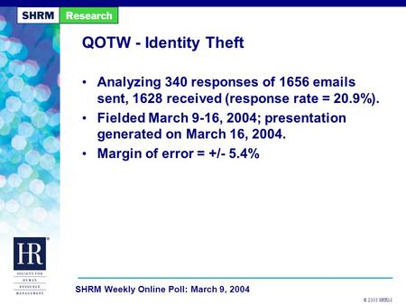 © 2003 SHRM SHRM Weekly Online Poll: March 9, 2004 QOTW - Identity Theft Analyzing 340 responses of 1656 emails sent, 1628 received (response rate = 20.9%).