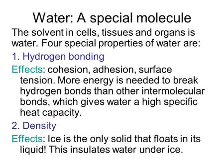Water: A special molecule The solvent in cells, tissues and organs is water. Four special properties of water are: 1. Hydrogen bonding Effects: cohesion,