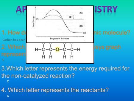 1. How do you know this is an organic molecule? 2. Which letter in the enzyme catalysys graph represents the products? 3.Which letter represents the energy.