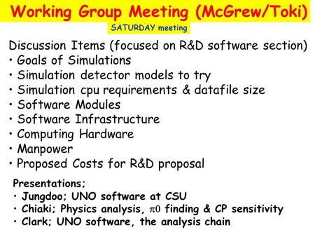 Working Group Meeting (McGrew/Toki) Discussion Items (focused on R&D software section) Goals of Simulations Simulation detector models to try Simulation.
