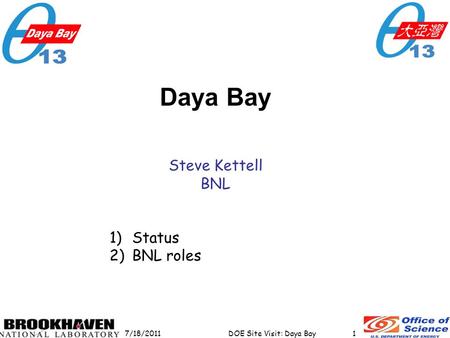 DOE Site Visit: Daya Bay7/18/20111 Daya Bay Steve Kettell BNL 1)Status 2)BNL roles.