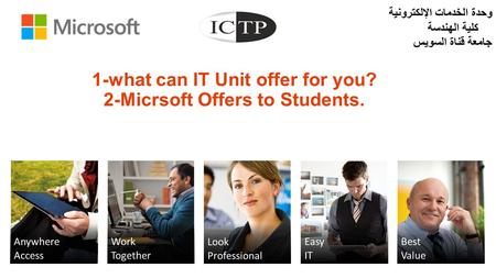 1-what can IT Unit offer for you? 2-Micrsoft Offers to Students. وحدة الخدمات الإلكترونية كلية الهندسة جامعة قناة السويس.