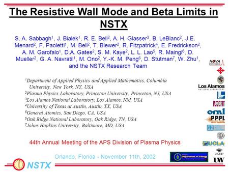 NSTX The Resistive Wall Mode and Beta Limits in NSTX S. A. Sabbagh 1, J. Bialek 1, R. E. Bell 2, A. H. Glasser 3, B. LeBlanc 2, J.E. Menard 2, F. Paoletti.