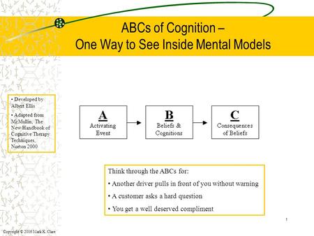 Copyright © 2006 Mark K. Clare 1 ABCs of Cognition – One Way to See Inside Mental Models Developed by Albert Ellis Adapted from McMullin, The New Handbook.